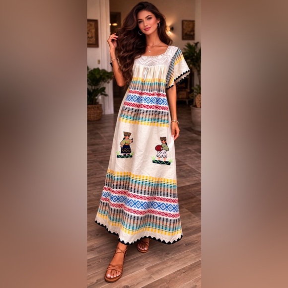 Vintage Dresses & Skirts - Vintage Mexican Oaxacan Kimono Kaftan Knit Lace Embroidered Boho Maxi Dress